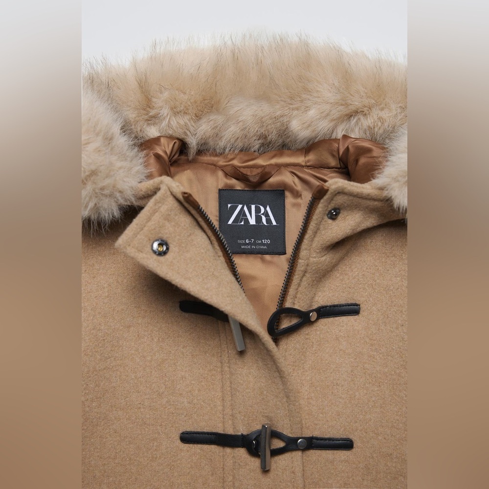 Zara Kids Light Brown Wool Blend Hooded Coat with Faux Fur Trim. Size 13-14. - Picture 5 of 12